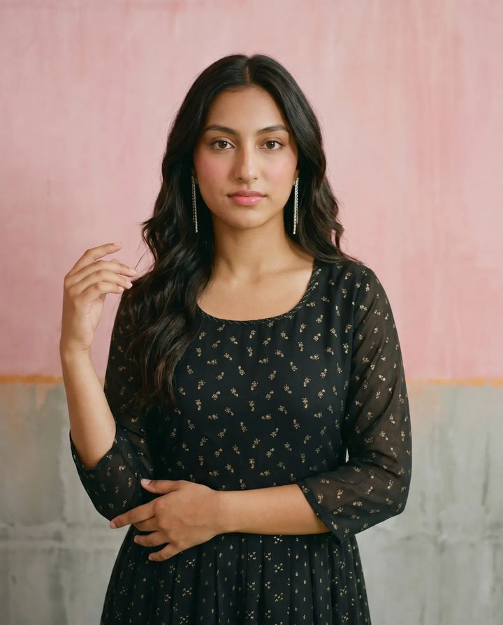 Black Printed Georgette Maxi Dress