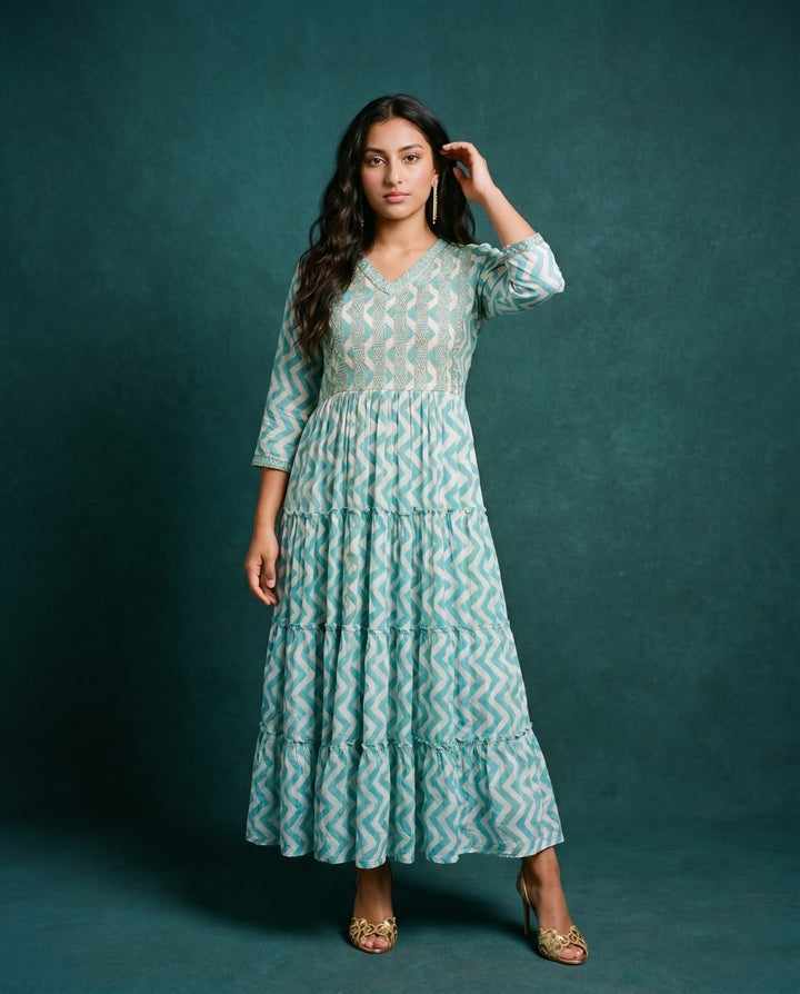 Turquoise Printed Viscose Blended Maxi Dress