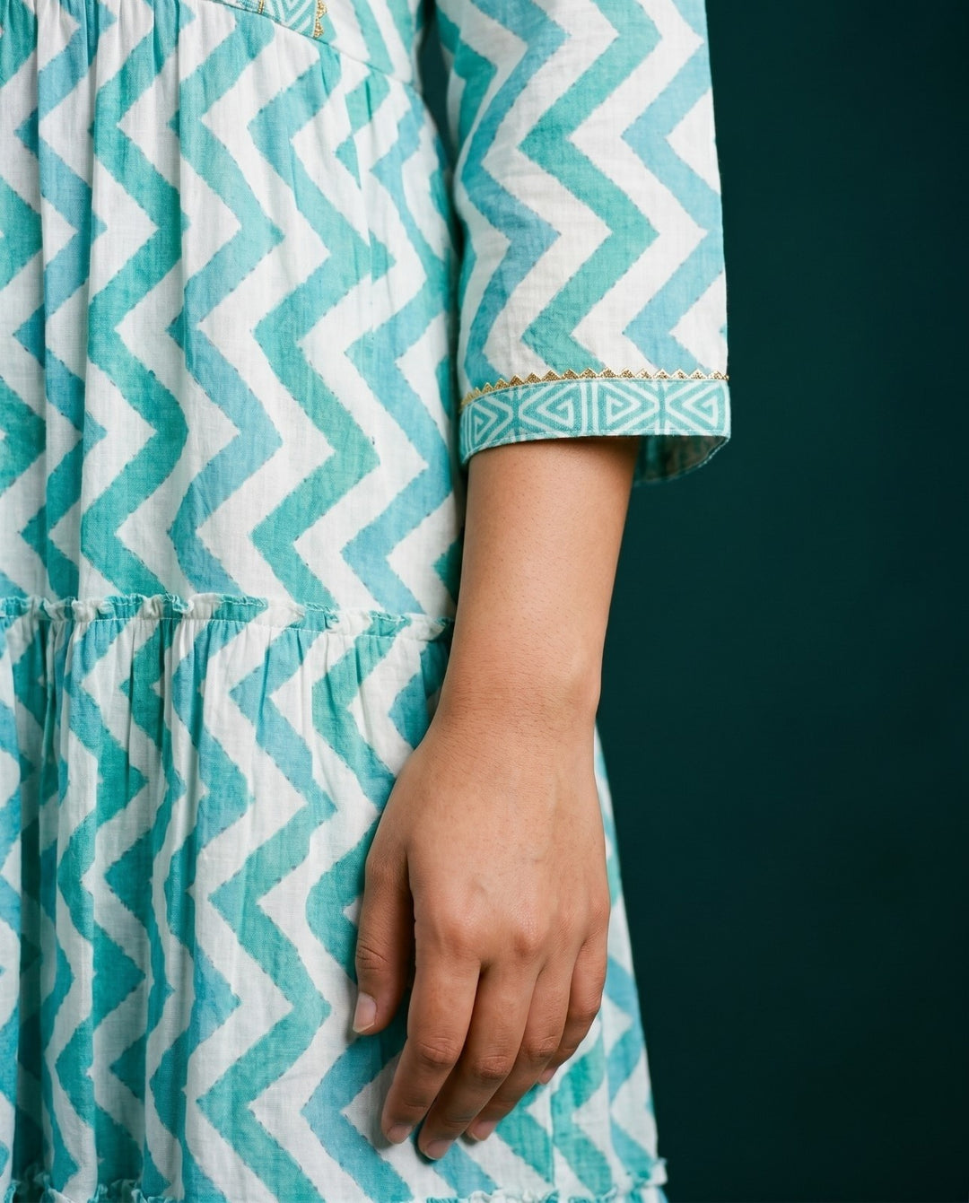 Turquoise Printed Viscose Blended Maxi Dress