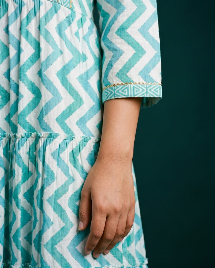 Turquoise Printed Viscose Blended Maxi Dress