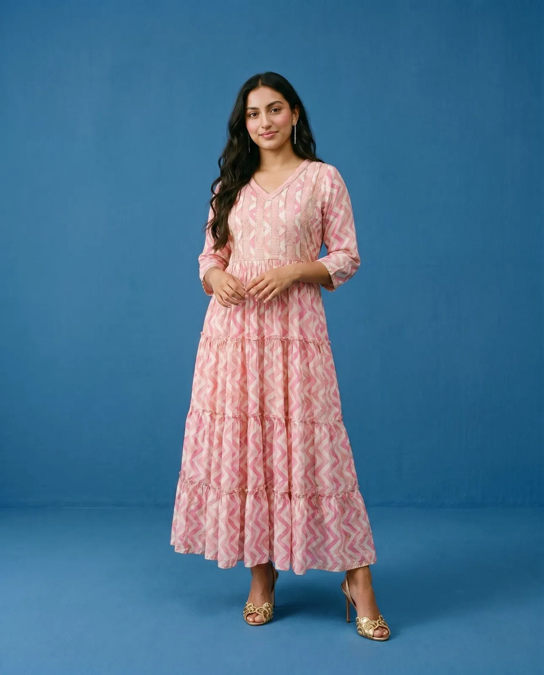 Pink Printed Viscose Blended Maxi Dress