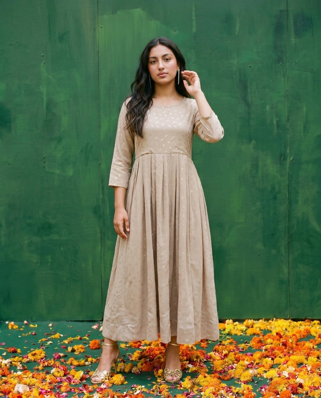 Beige Printed Georgette Maxi Dress