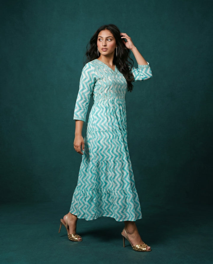 Turquoise Printed Viscose Blended Maxi Dress