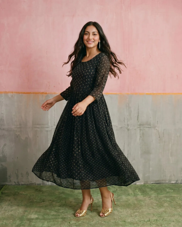 Black Printed Georgette Maxi Dress