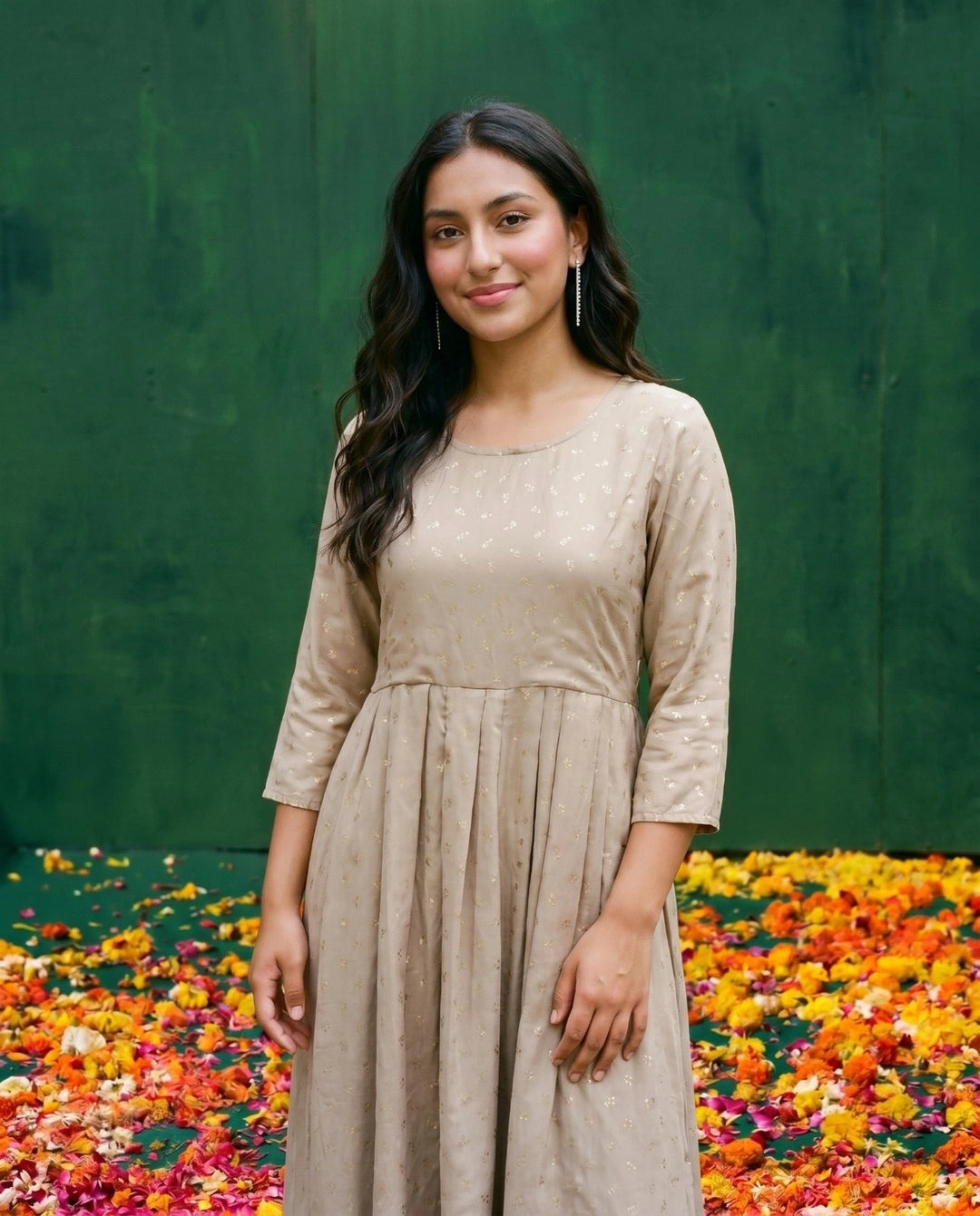 Beige Printed Georgette Maxi Dress