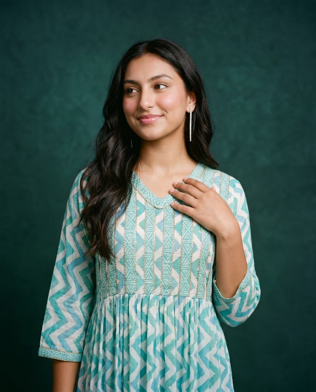 Turquoise Printed Viscose Blended Maxi Dress