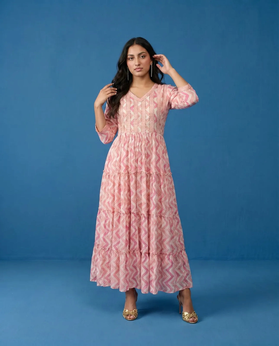 Pink Printed Viscose Blended Maxi Dress