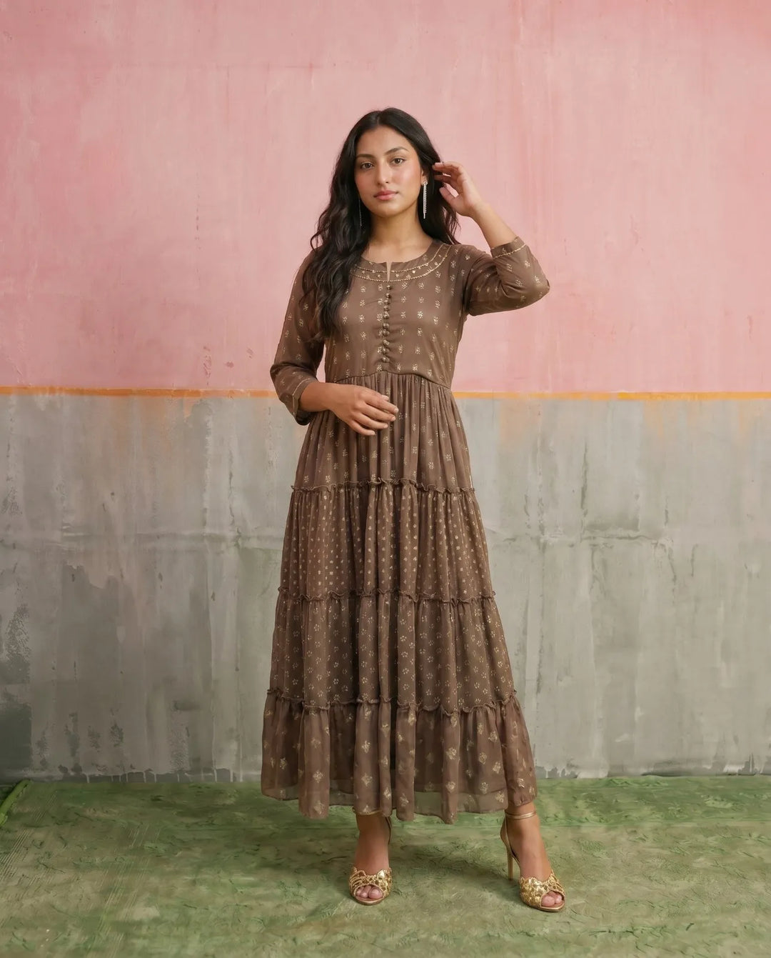 Brown Printed Georgette Maxi Dress