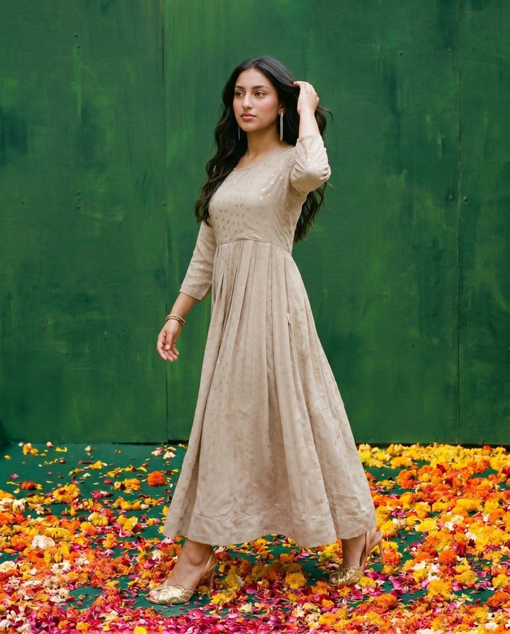 Beige Printed Georgette Maxi Dress