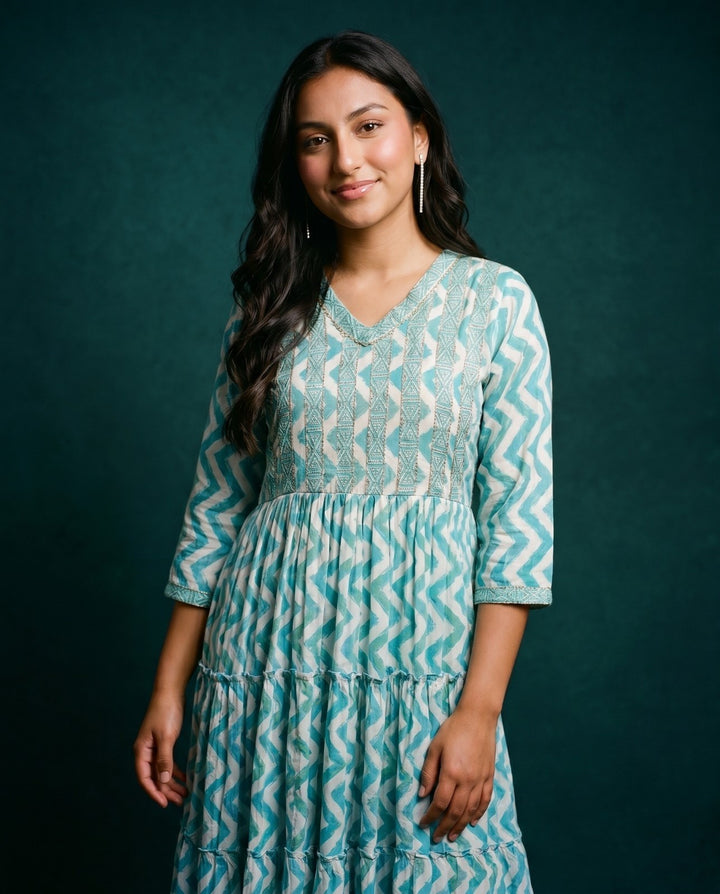 Turquoise Printed Viscose Blended Maxi Dress