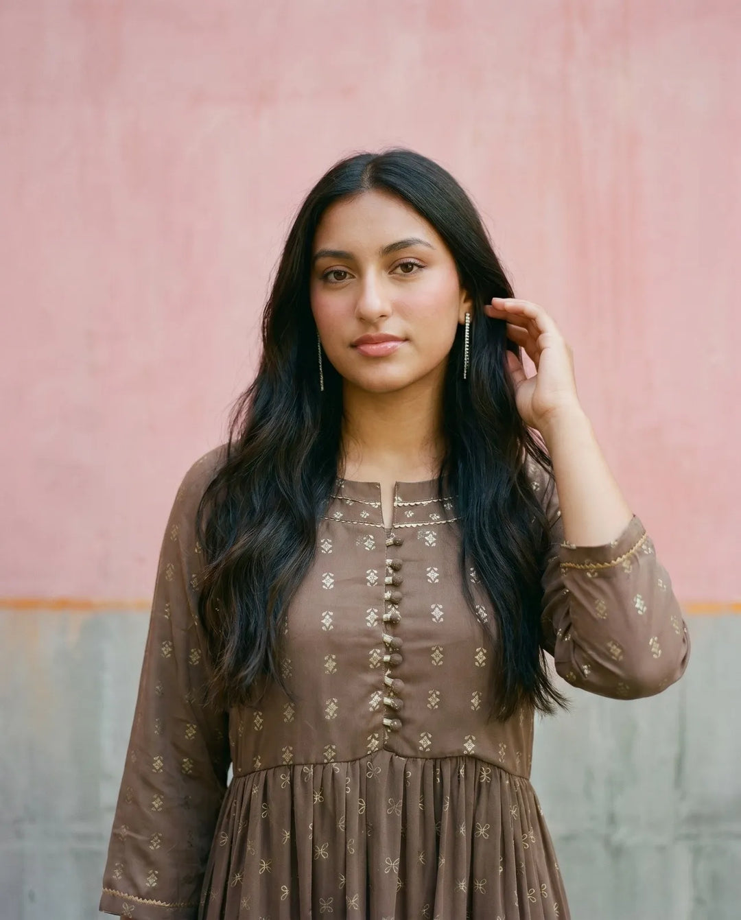 Brown Printed Georgette Maxi Dress