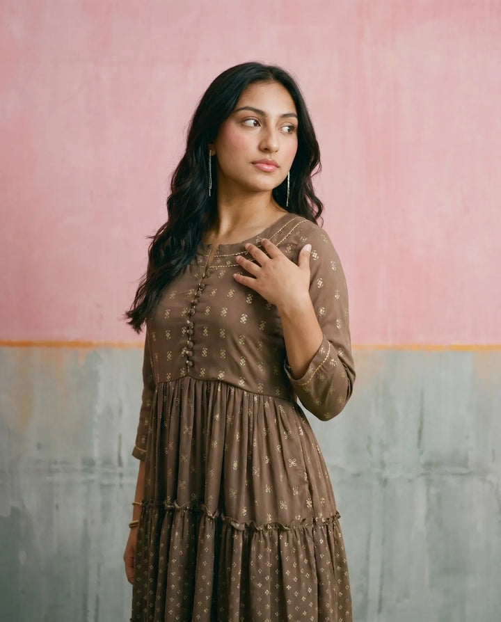 Brown Printed Georgette Maxi Dress