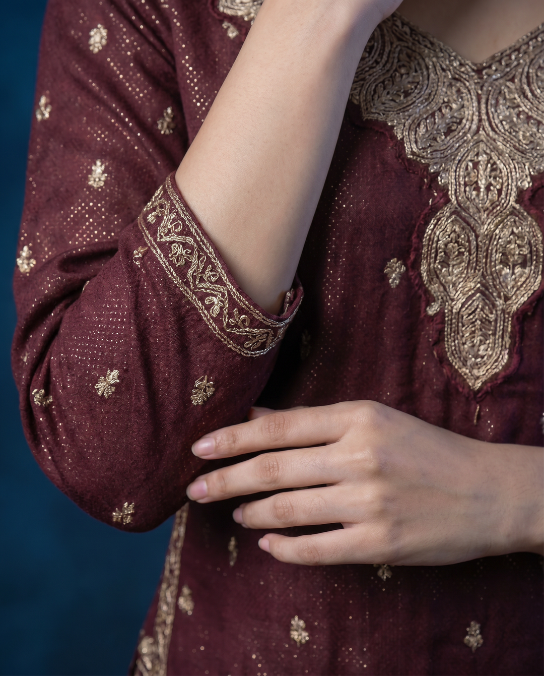 Brown Embroidered Silk Blended 3/4 Sleeves Straight Cut Long Kurta