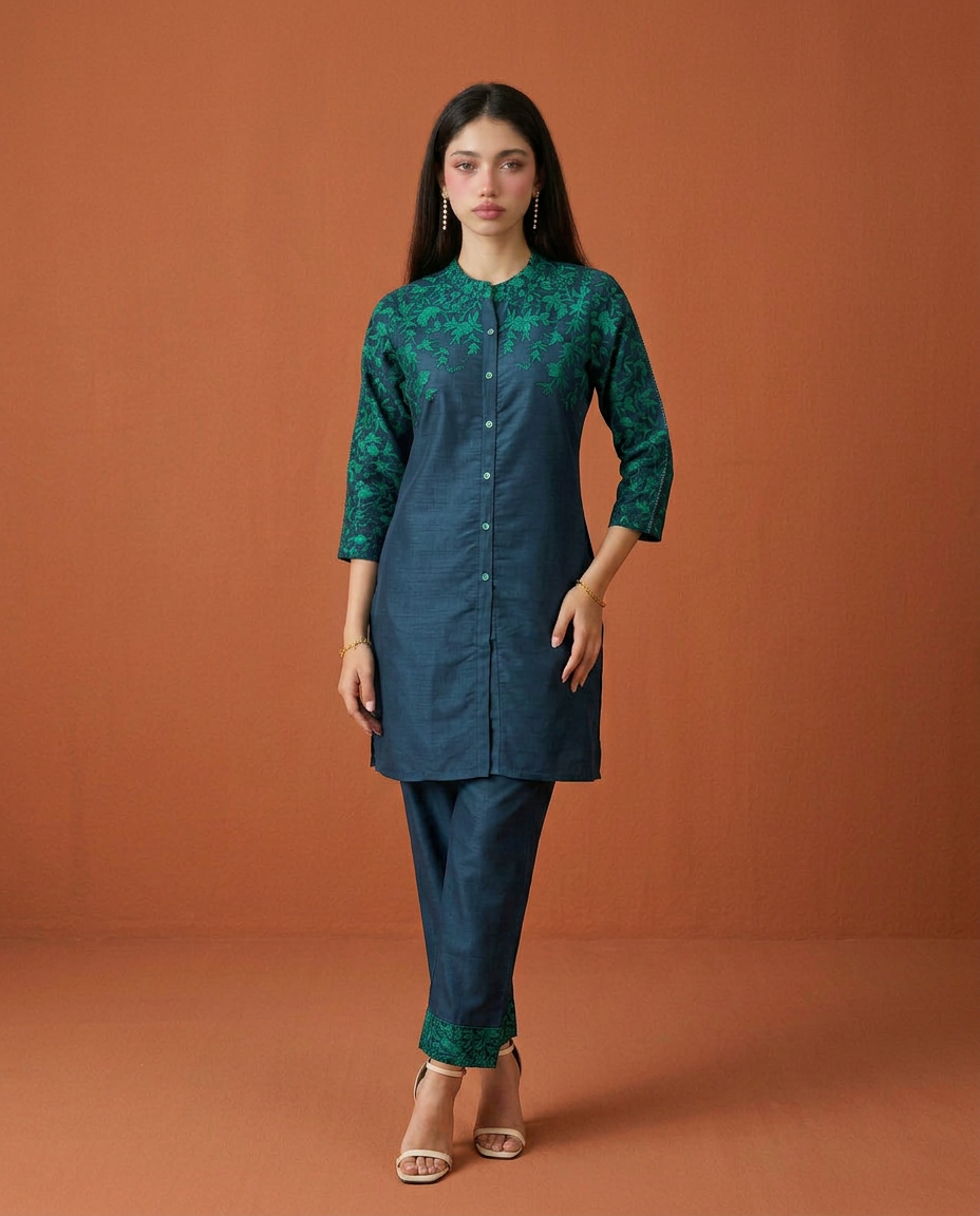 Navy Embroidered Viscose Blended Co-Ord Set
