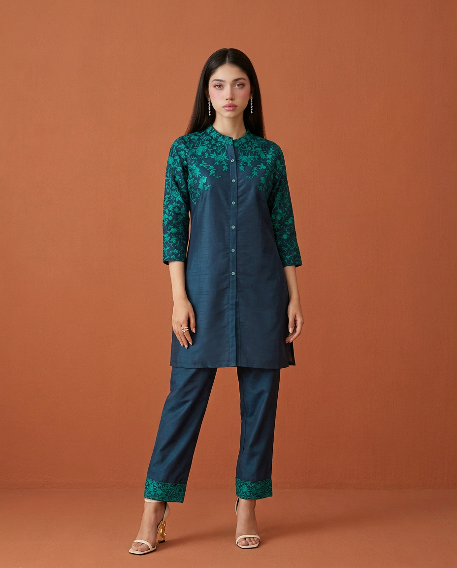 Navy Embroidered Viscose Blended Co-Ord Set
