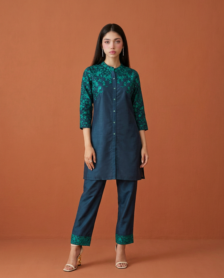 Navy Embroidered Viscose Blended Co-Ord Set