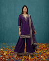 Purple Embriodered Silk Blended 3/4 Sleeves Kurta Bottom Dupatta Set