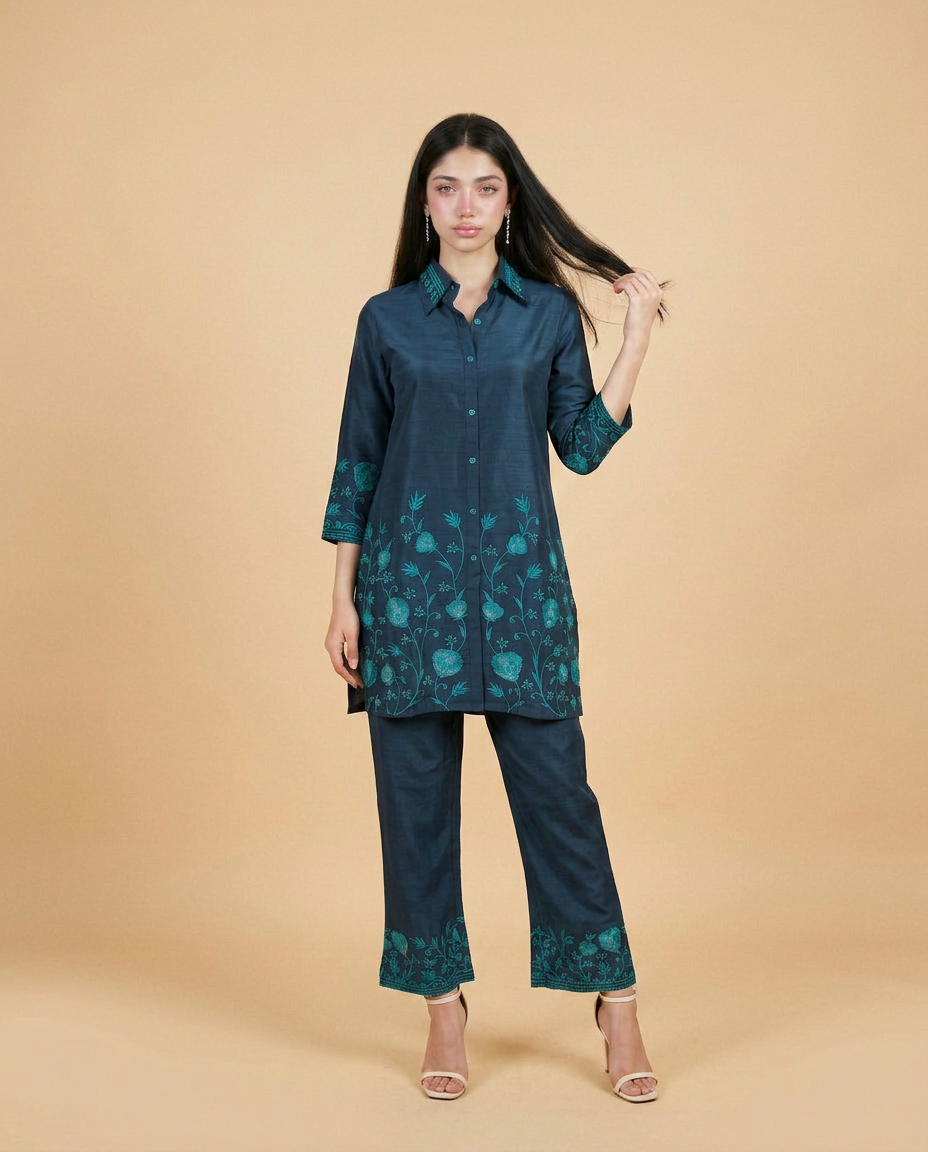 Navy Embroidered Cotton Blended Co-Ord Set