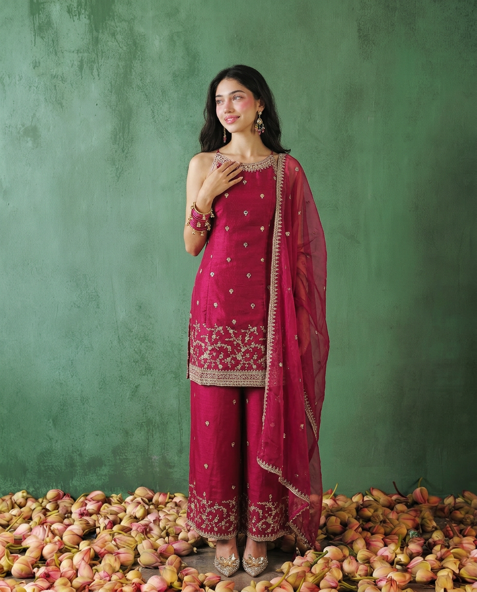 Magenta Embriodered Silk Blended Spaghetti Strap Kurta Bottom Dupatta Set