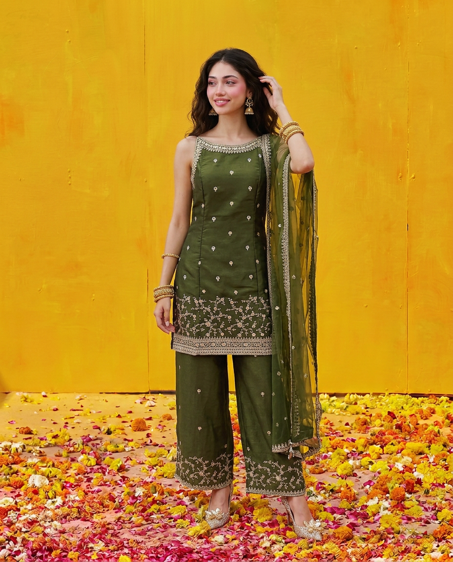 Green Embriodered Silk Blended Spaghetti Strap Kurta Bottom Dupatta Set