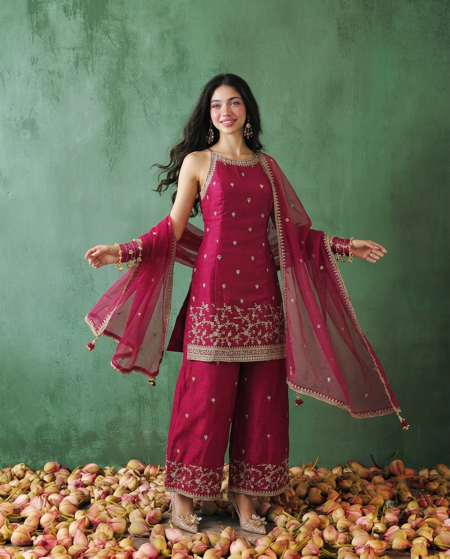 Magenta Embriodered Silk Blended Spaghetti Strap Kurta Bottom Dupatta Set