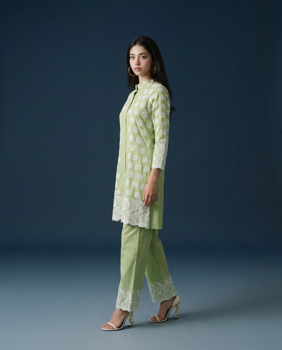 Green Embroidered Cotton Co-Ord Set