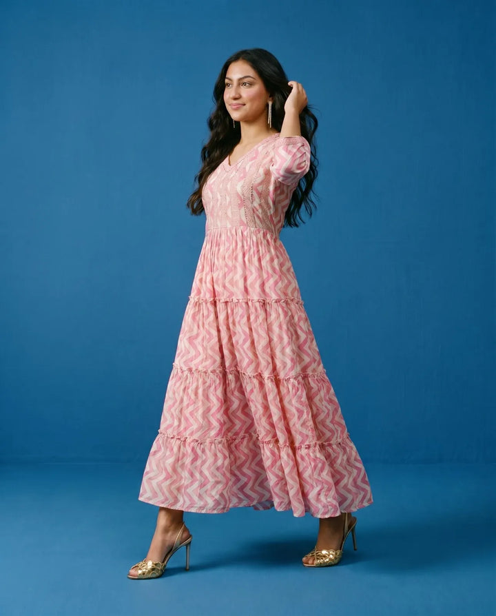 Pink Printed Viscose Blended Maxi Dress