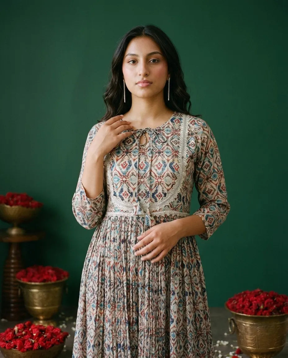 Multi-Colour Printed Silk Blended Maxi Dress