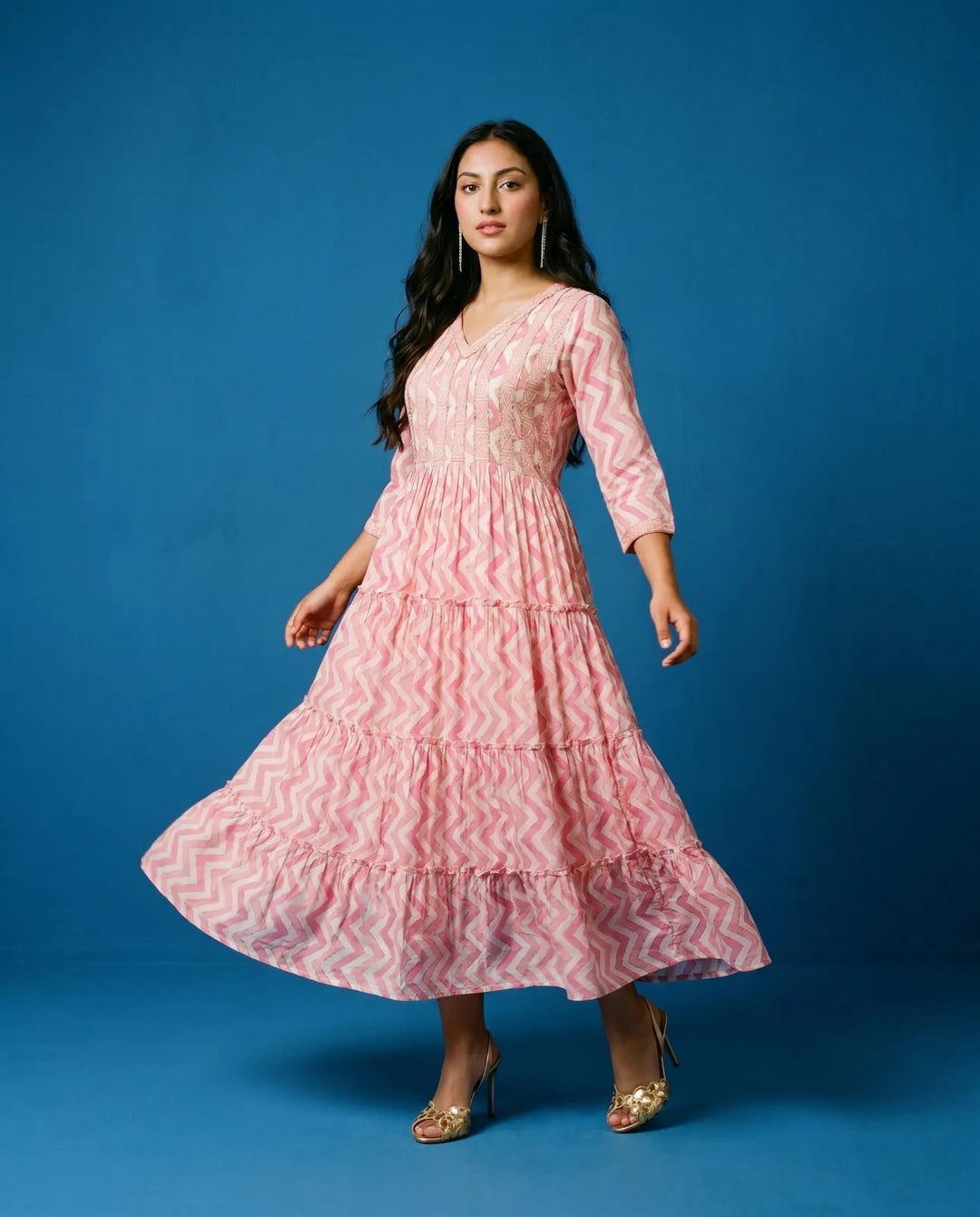 Pink Printed Viscose Blended Maxi Dress