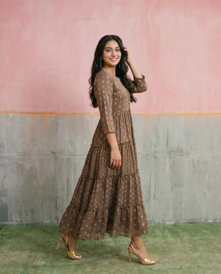 Brown Printed Georgette Maxi Dress
