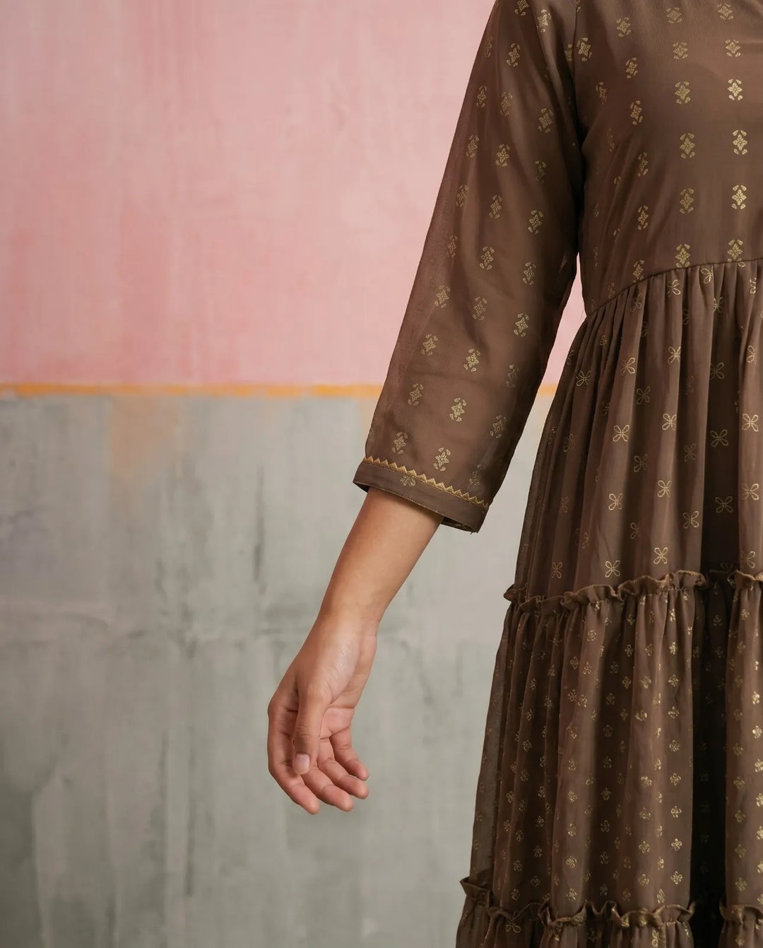 Brown Printed Georgette Maxi Dress