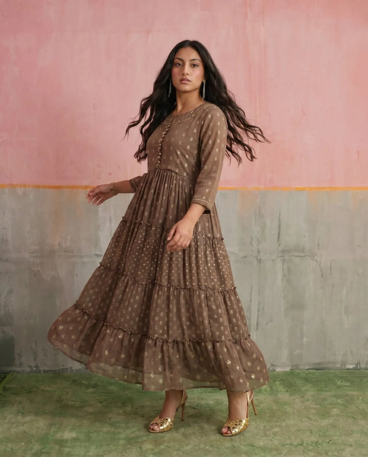 Brown Printed Georgette Maxi Dress