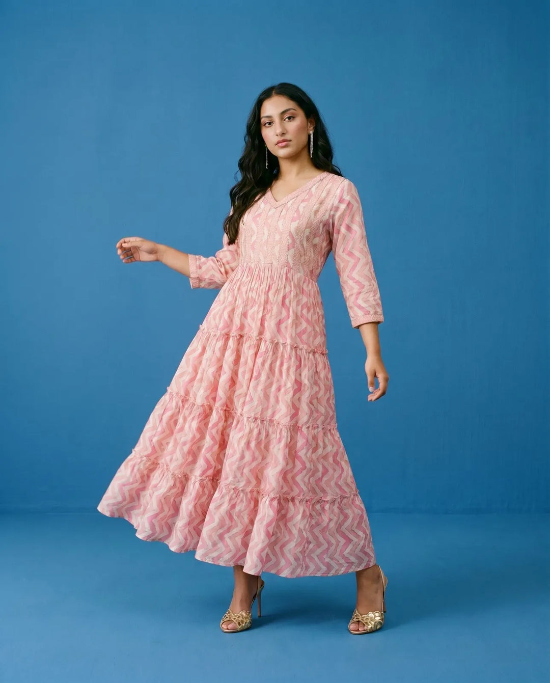 Pink Printed Viscose Blended Maxi Dress