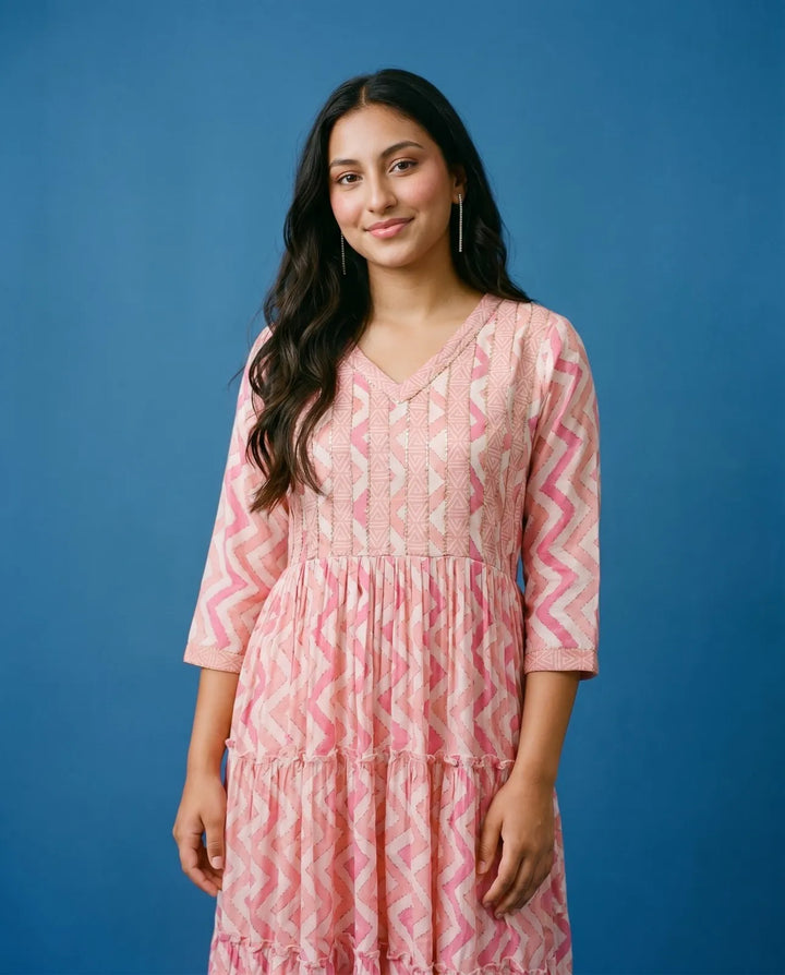 Pink Printed Viscose Blended Maxi Dress