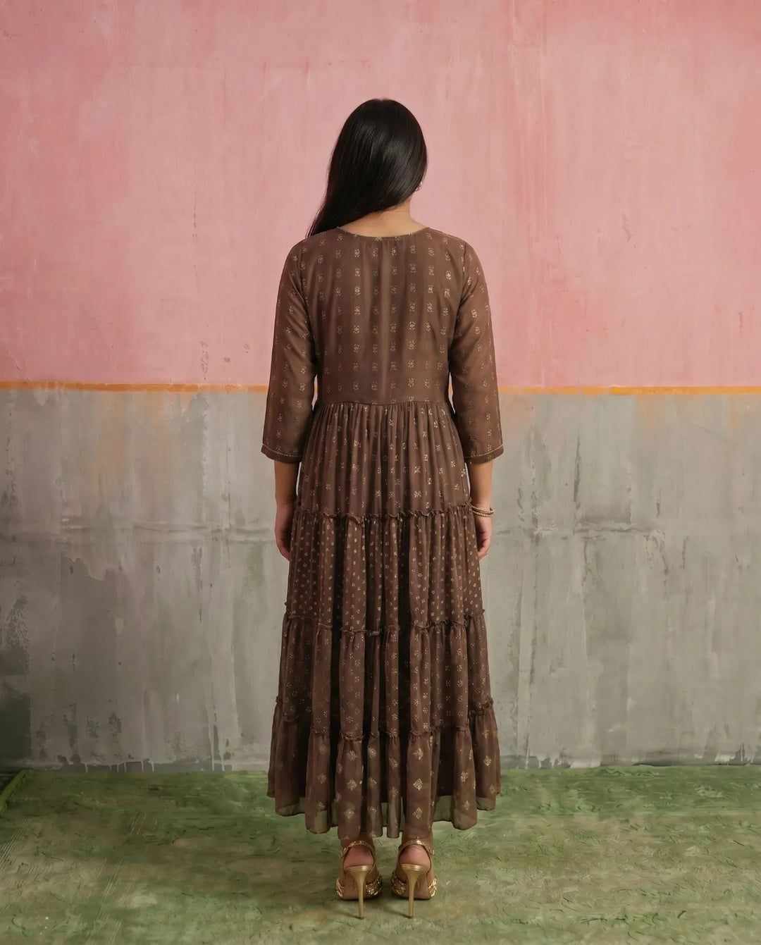 Brown Printed Georgette Maxi Dress