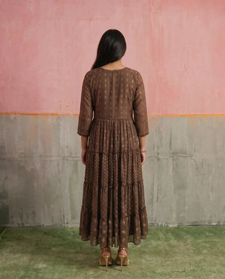 Brown Printed Georgette Maxi Dress