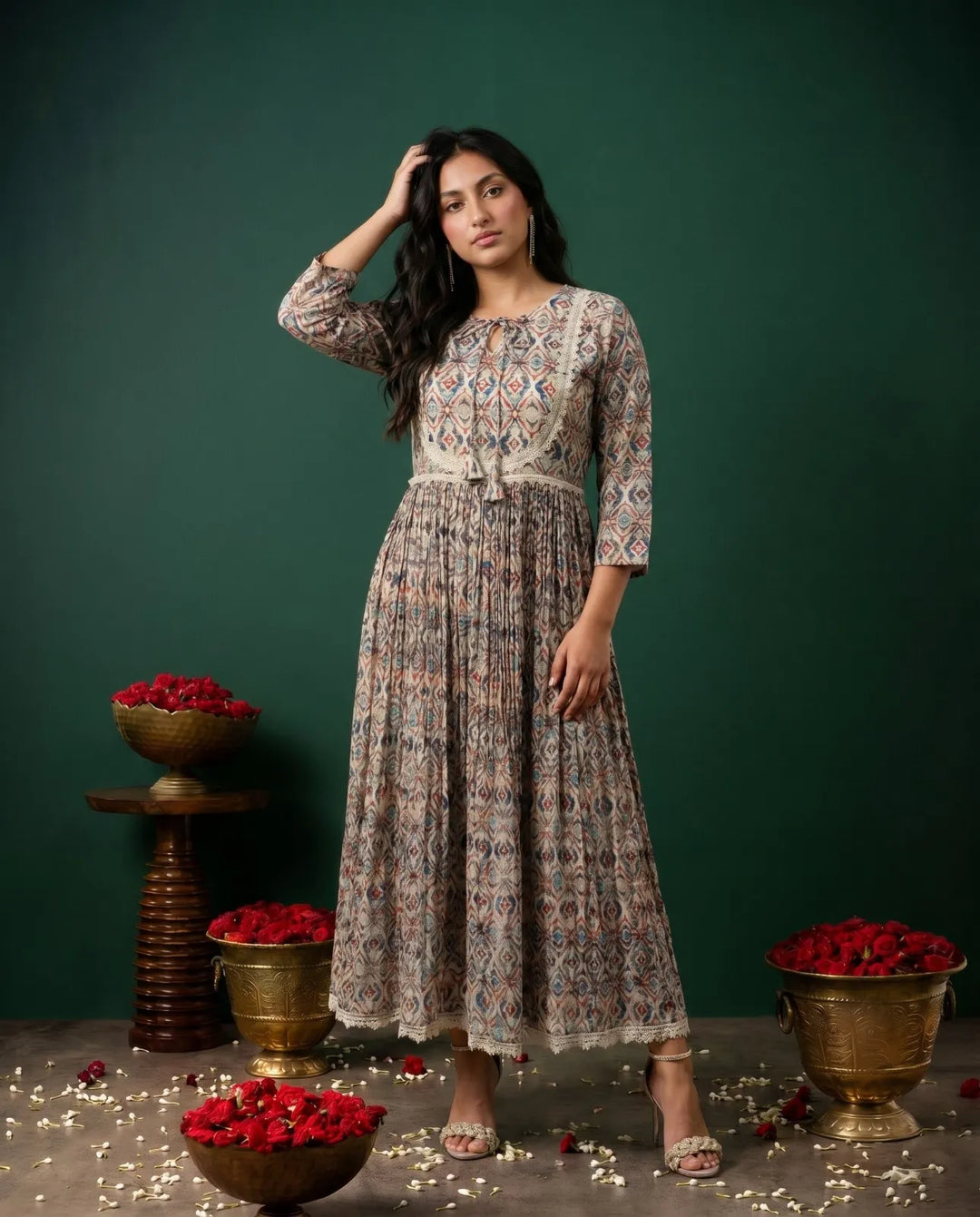 Multi-Colour Printed Silk Blended Maxi Dress