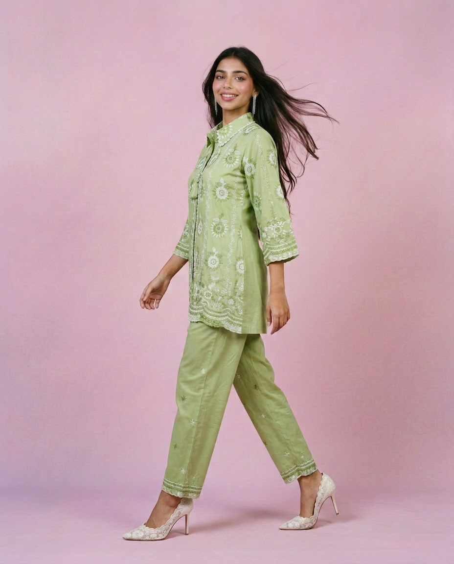 Pista Embroidered Cotton Satin Co-Ord Set
